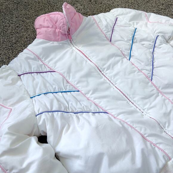 Vintage 80's REVERSIBLE White Pink Preppy Puffer Stranger Things Nancy MED LG - Picture 4 of 10